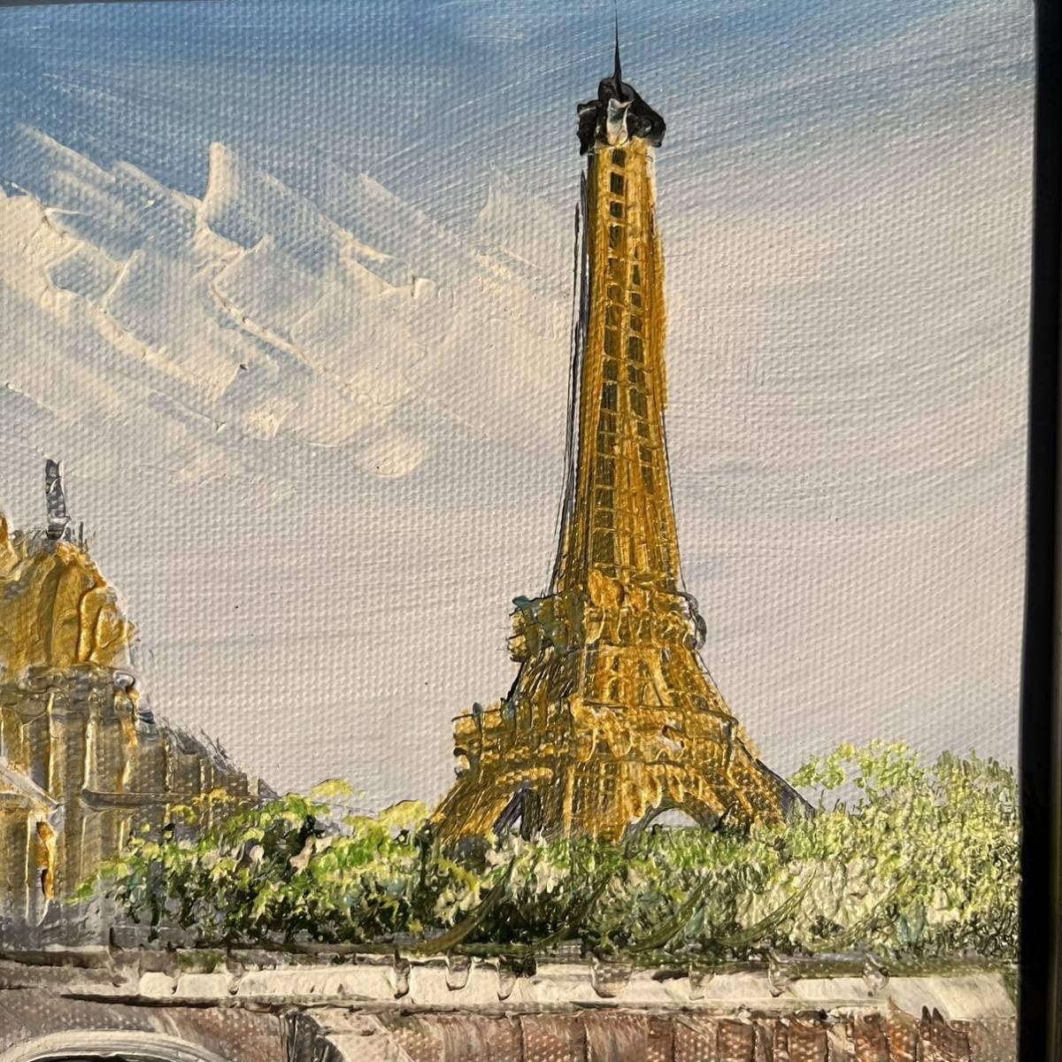 手書き油絵 パリの風景 エッフェル塔 額付 肉筆絵画 インテリア 油彩画 手書き油絵 パリの風景 エッフェル塔 絵画 額付き インテリア
